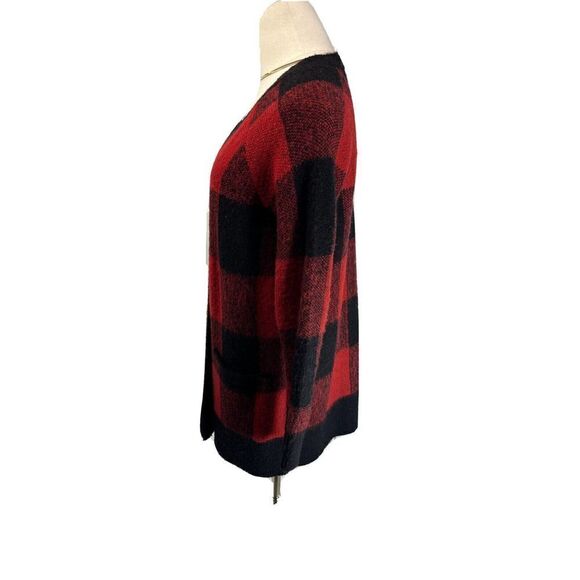 Lucky Brand Cardigan Sweater Size Small Black Red Buffalo Plaid Open Front Mid - Picture 2 of 7